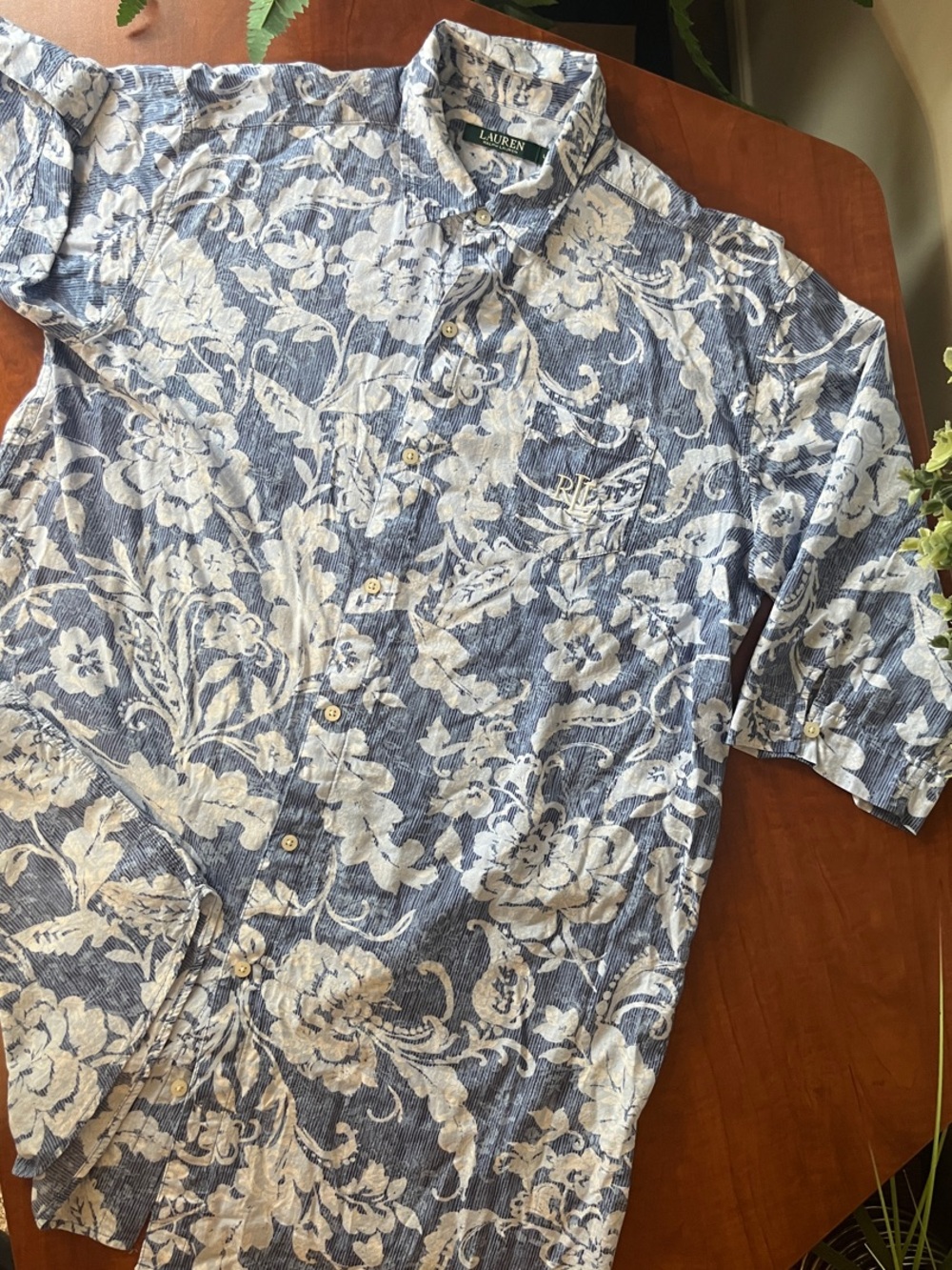 Ralph Lauren Cover Up Blue Floral 3/4 roll up Sleeve Tunic Breezy Button Up - Picture 10 of 11
